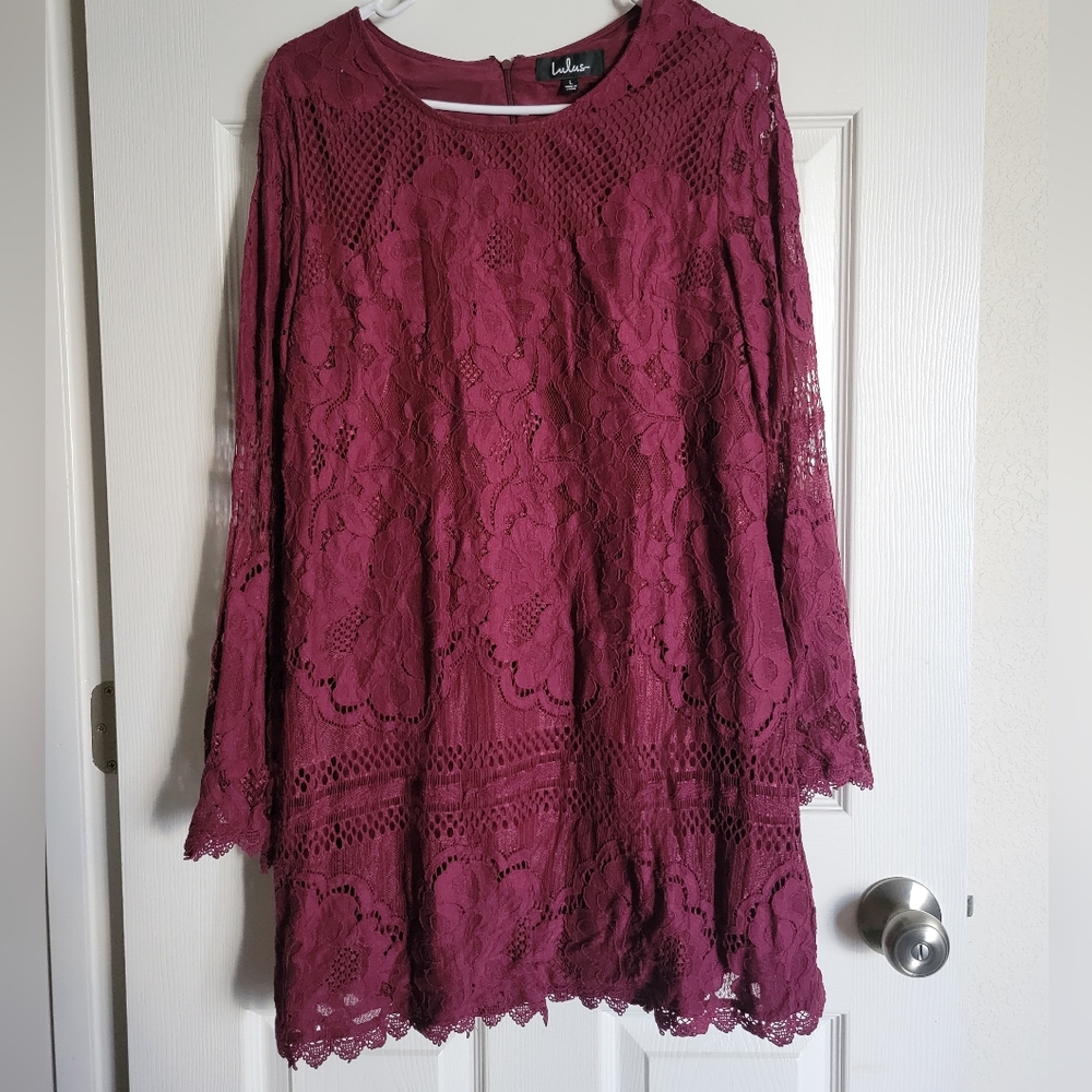 Can't Forget You Burgundy Lace Bell Sleeve Shift Dress - Picture 3 of 5